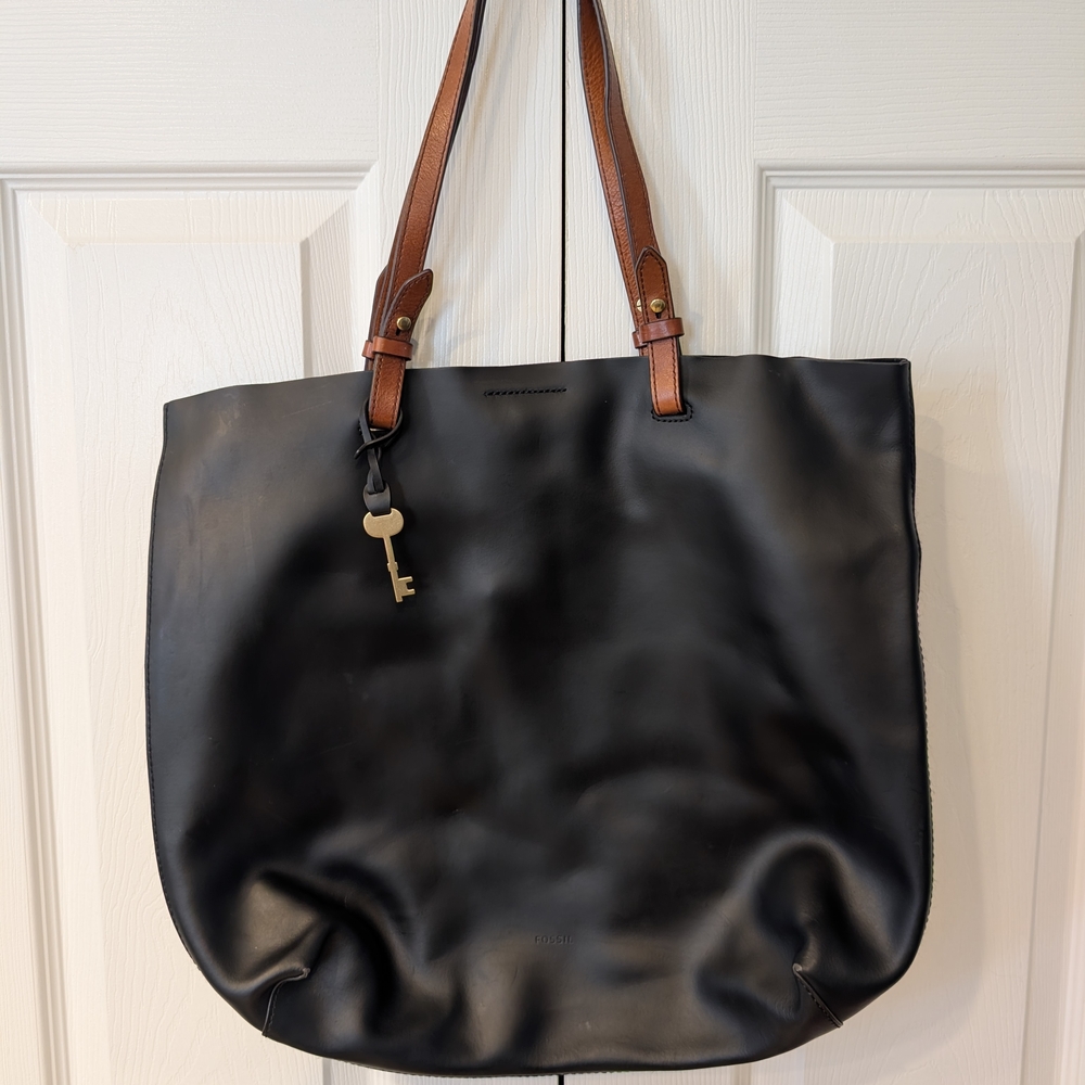Fossil Black Leather Tote with Brown Straps